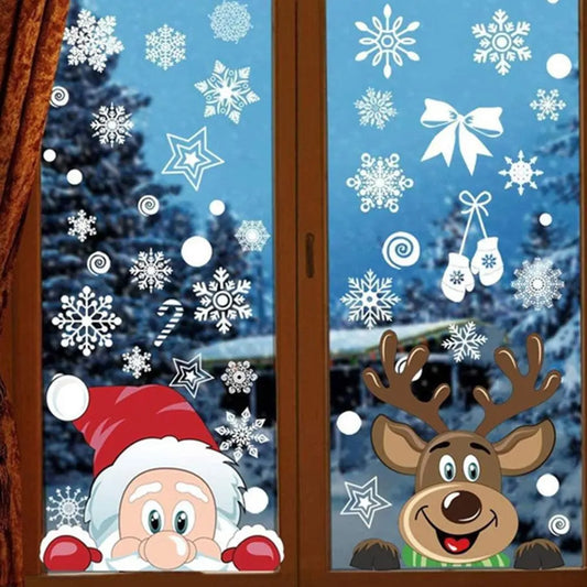 Removable Christmas PVC Static Sticker Santa Elk Window Stickers Beautify Snowflake Wall Decals New Year Party Glass Paste
